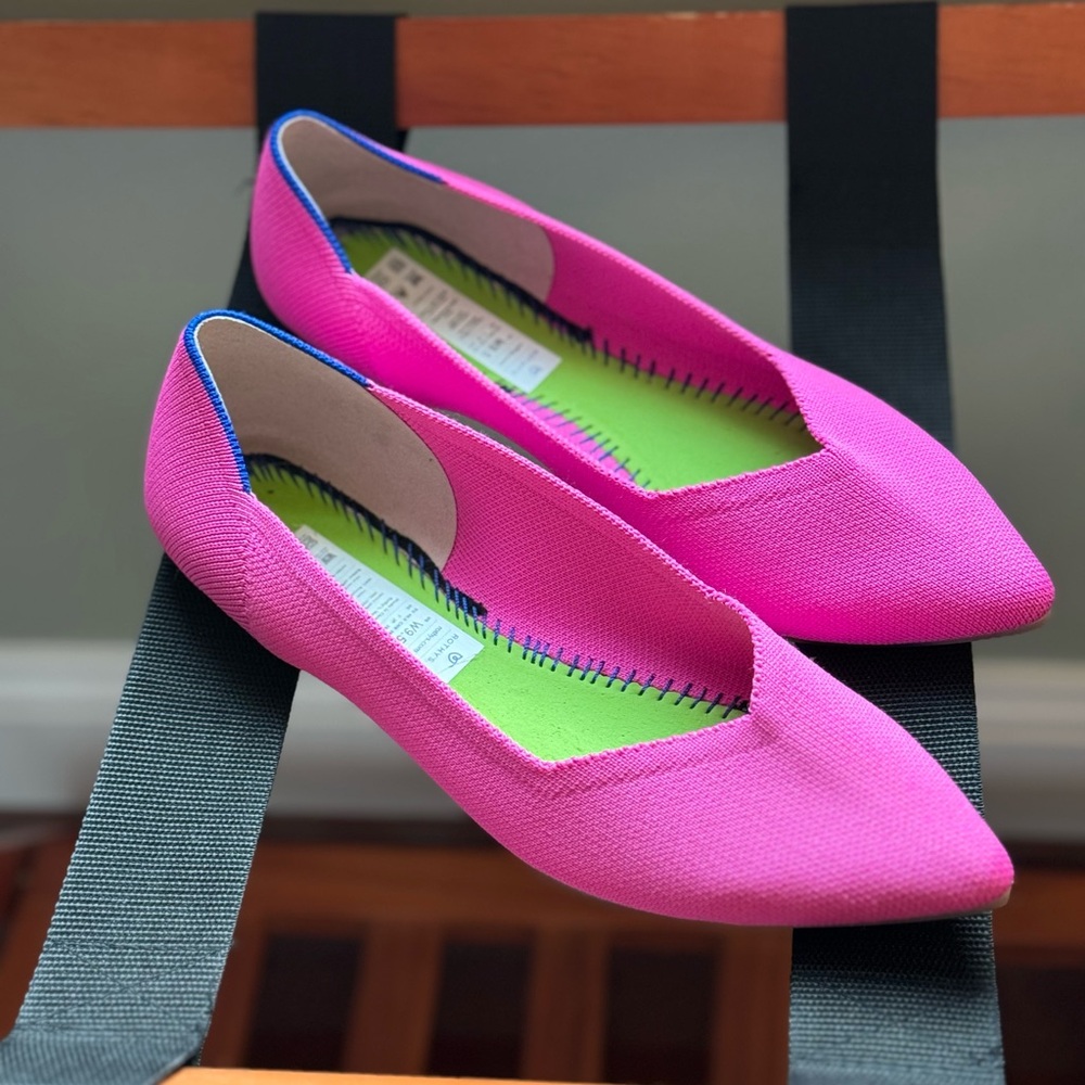 Rothy's Pink Pointed Toe Flats with Lime Green Insole